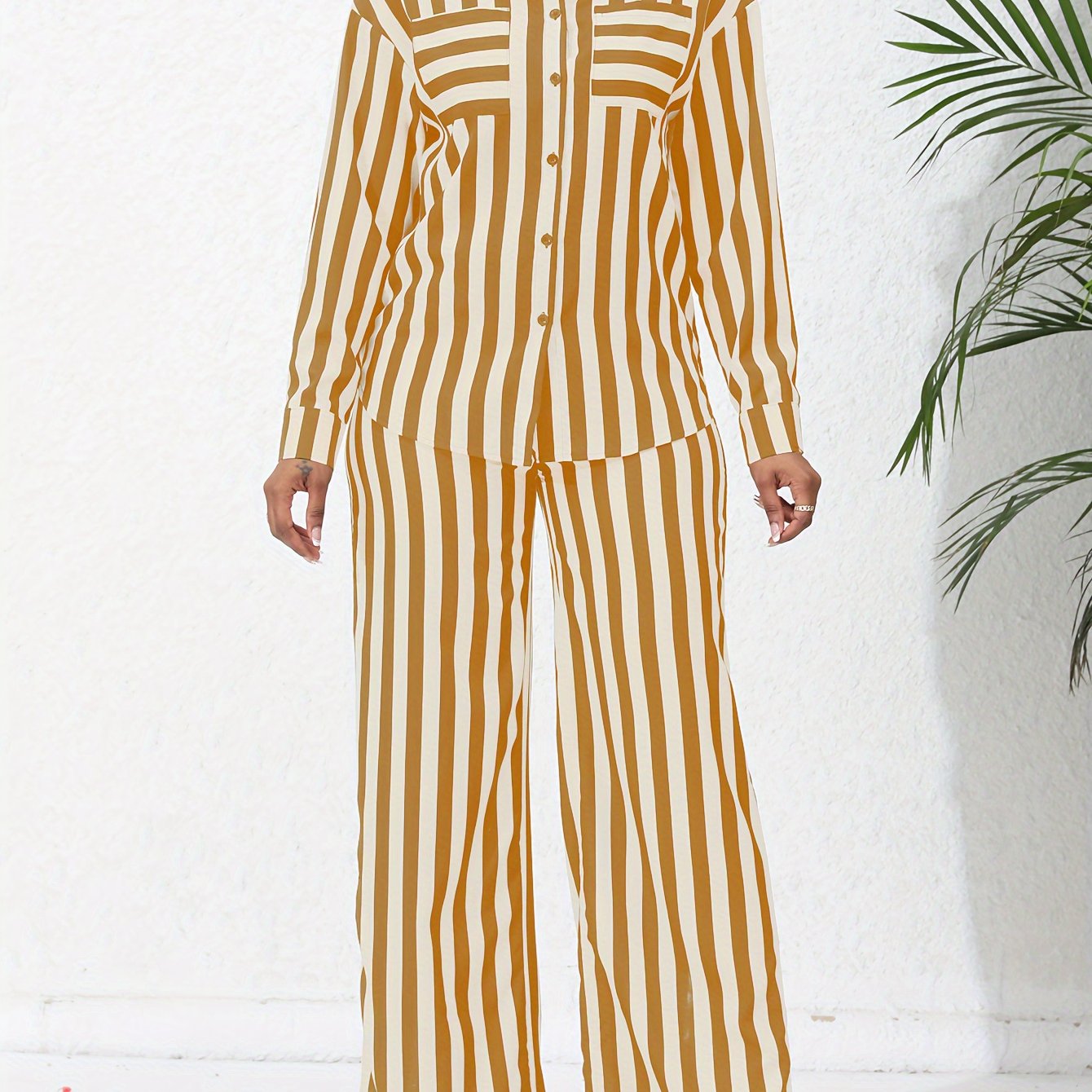 Chic Striped Print Two-Piece Outfit Set - Comfortable Button-Down Shirt & Flowy Wide Leg Pants - Casual Everyday Wear for Women