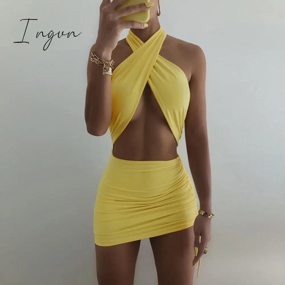 Ingvn - New Summer Sexy Women's Coffee Color Cross Hanging Neck Sleeveless Tight Mini Dress