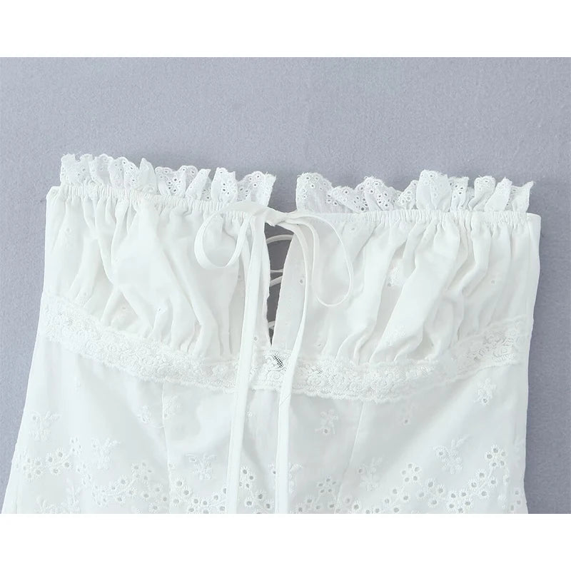 Women Hollow Out Embroidery White Strapless Top Sexy Backless Lacing Up Back Holiday Summer Crop Top Cotton