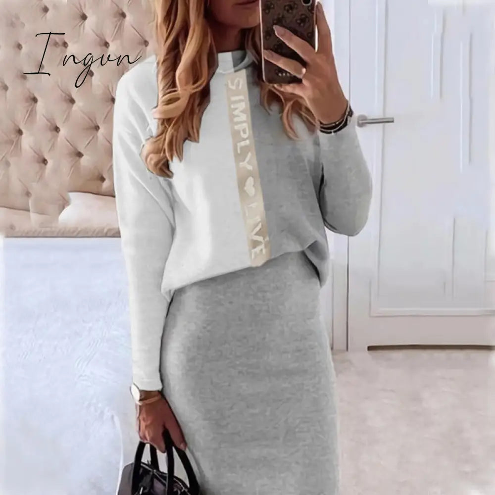 Ingvn - Casual Women 2-piece Suit Autumn Winter Half High Neck Fashion Top+ Pencil Skirt Outfit Elegant Office Ladies Set Clothes