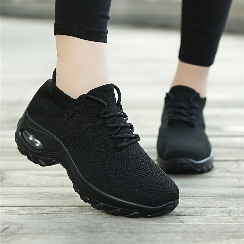Comfortable Air Cushion Sneakers for Women - Breathable Mesh Upper, Thick Sole, Lazy Lace-Up Design, Fabric Material, Ideal for Casual Running, Sports, and Business Wear