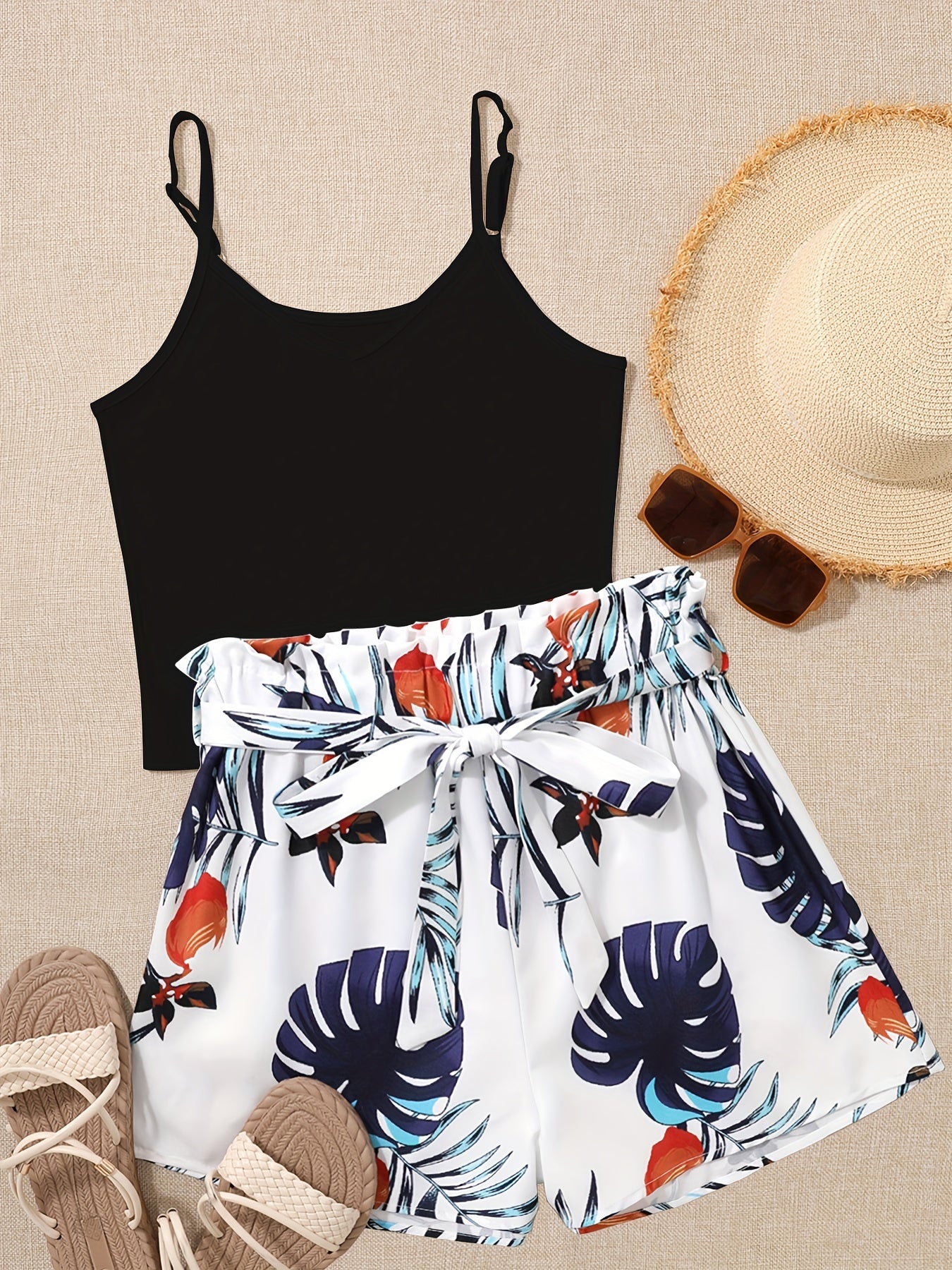Lightweight Womens Vacation Shorts Outfit Set - Sleeveless V-Neck Cami Top with Vibrant Plants Print & Belted Paperbag Waist Loose Shorts - Effortless Summer Style Two-Piece Ensemble