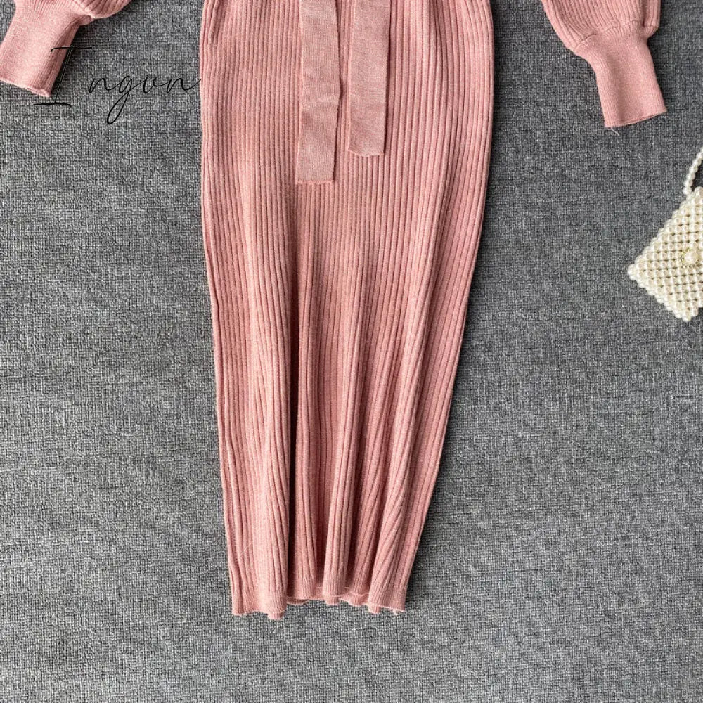 Ingvn - Women Shiny Knitted Dress Sexy V Neck Puff Sleeve Elastic Sheath Knitting Dress Autumn Solid Bow Sashes Pencil Dress