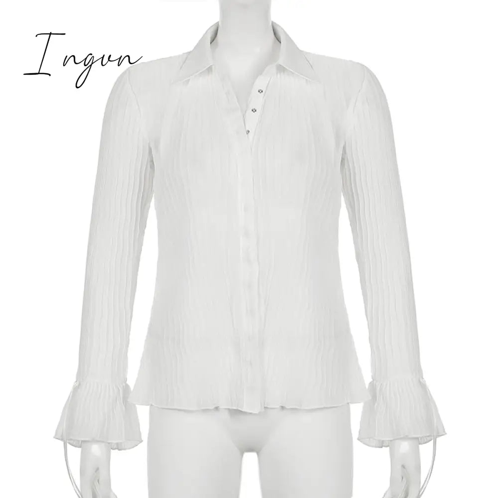 Ingvn - Hot Sell Vintage White Folds Cute Y2K Shirts Women Elegant Fashion Flared Sleeve Button Tops See Through Sexy Mesh Girl Tees