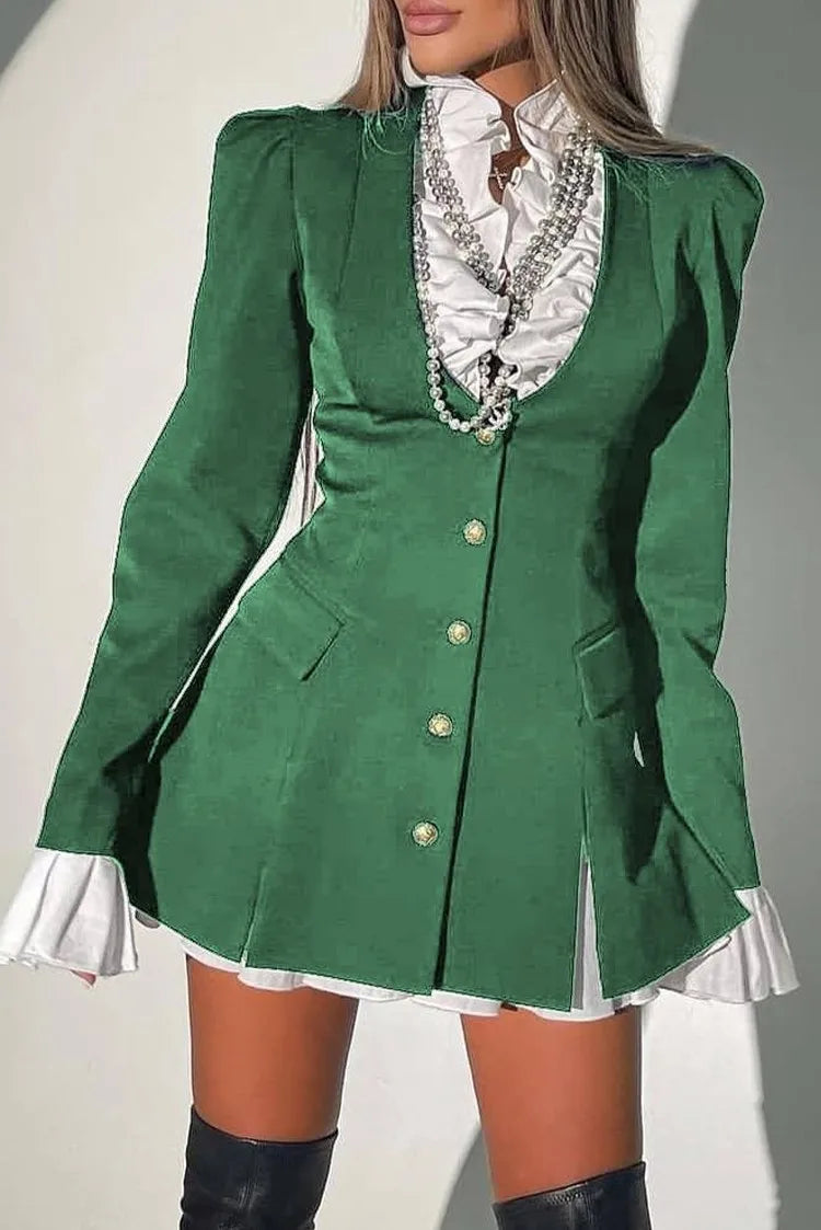 Elegant Blazer Dress Autumn Women Single Breasted Patchwork 2 Piece Set A Line Party Ol Shirt Dress