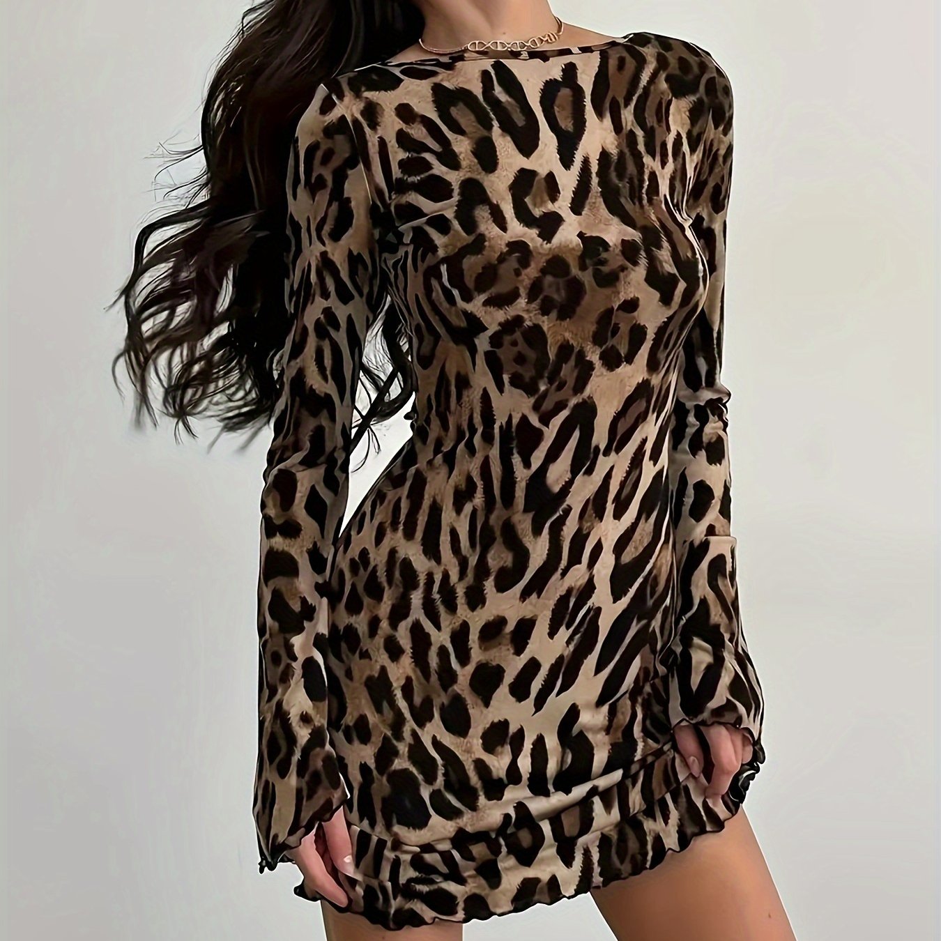 1pc Leopard Print Backless Tie-Back Dress, Polyester Knit Fabric, Crew Neck, Fitted Long Sleeve for All Seasons, Adult Women