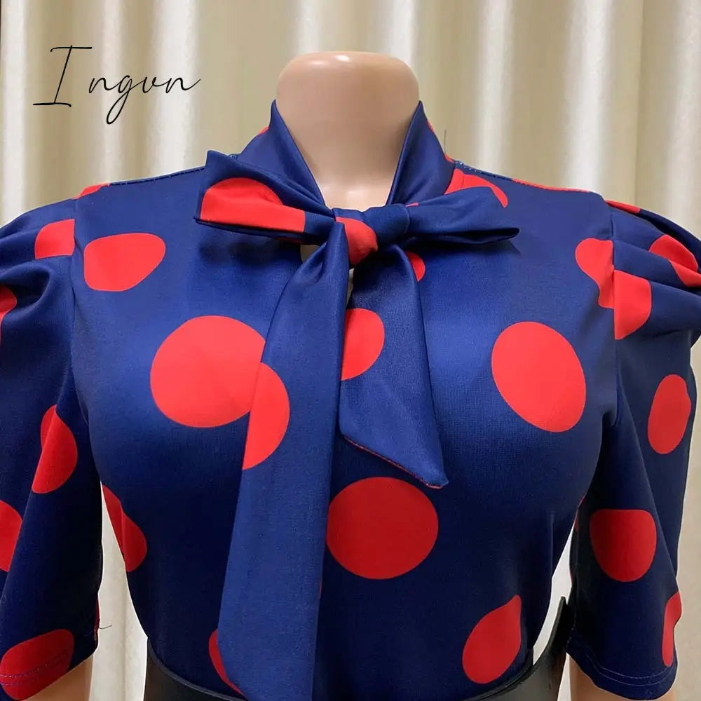 Ingvn - Elegant Office Dresses for Ladies 2023 Business Dot Printed High Waisted Short Sleeve Mid Calf Fashion Work Wear Cloth Dress OL