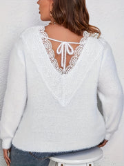 Lace Stitching Crew Neck Fuzzy Sweater, Casual Tied Back Long Sleeve Pullover Sweater, Women's Clothing