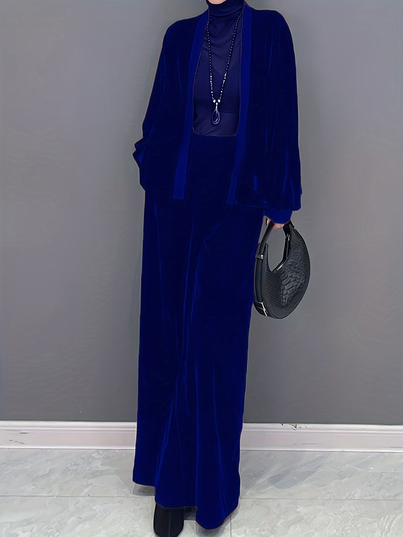 2 Pcs Velvet Solid Color Long Sleeve Open Front Top & Wide Leg Pants Outfit, Women's Clothing