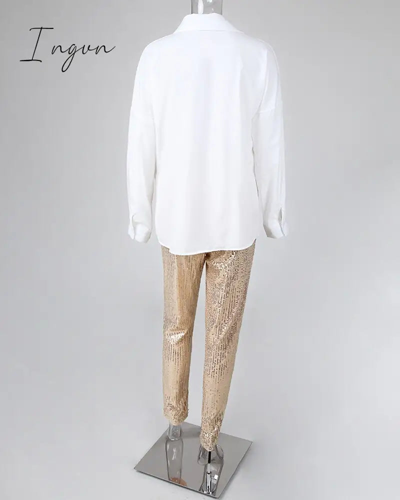 Ingvn - Women Fashion Sequin Two Piece Set Long Sleeve Womens Tops And Blouses Femme Two Piece Outfits Elastic Waist Long Pants Sets
