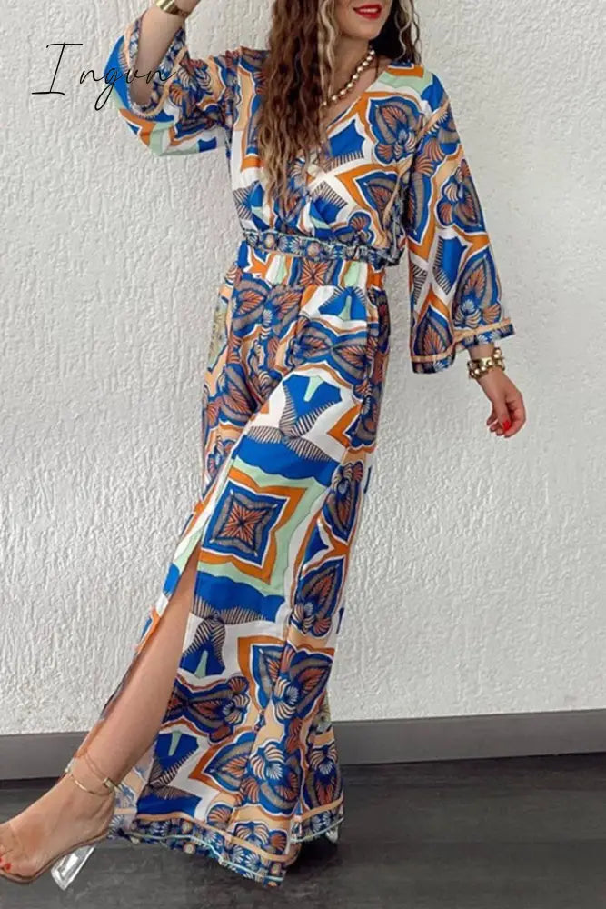 Ingvn- Casual Vintage Geometric Print Pocket Slit V Neck Long Sleeve Two Pieces