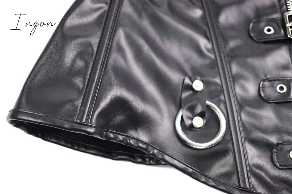 Ingvn - Faux Leather Corset Top Shoulder Strap Corselet Black Zipper Buckled Bustier Waist Trainer Vest Corset Overbust Women Steampunk