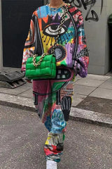 Ingvn - Casual Print Patchwork O Neck Long Sleeve Two Pieces