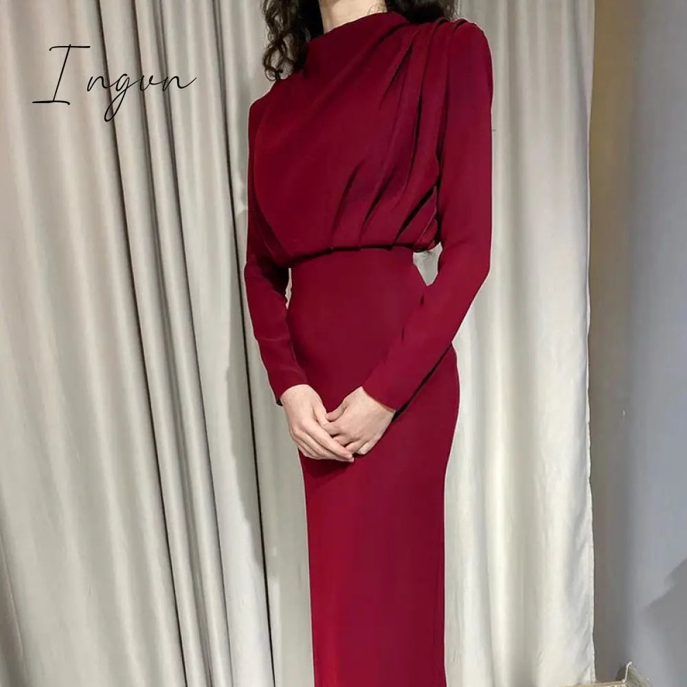 Ingvn - InstaHot Elegant Women Dress Stand Collar Slim Waist Solid Blue Ankle Length Autumn Long Sleeve Casual Party Dress Fashion