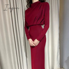 Ingvn - InstaHot Elegant Women Dress Stand Collar Slim Waist Solid Blue Ankle Length Autumn Long Sleeve Casual Party Dress Fashion