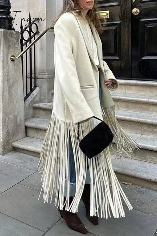 Ingvn - British Style Elegant Solid Tassel Turn-back Collar Outerwear
