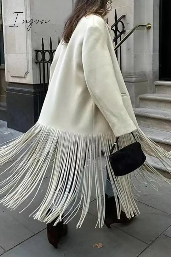 Ingvn - British Style Elegant Solid Tassel Turn-back Collar Outerwear