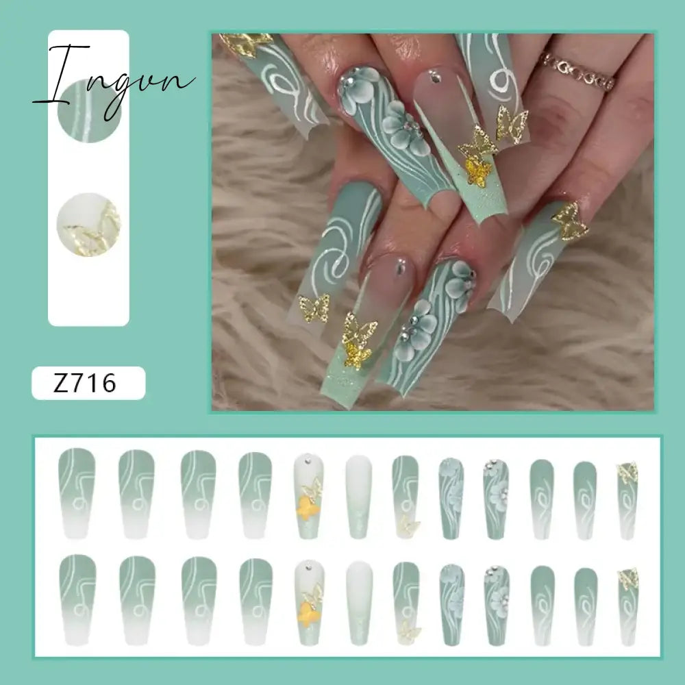 24pcs/Box Gradient Nail Art Patches False Nails Short Square Nail Blue Starry Glitter Teardrop Diamond Fake Nail Tips