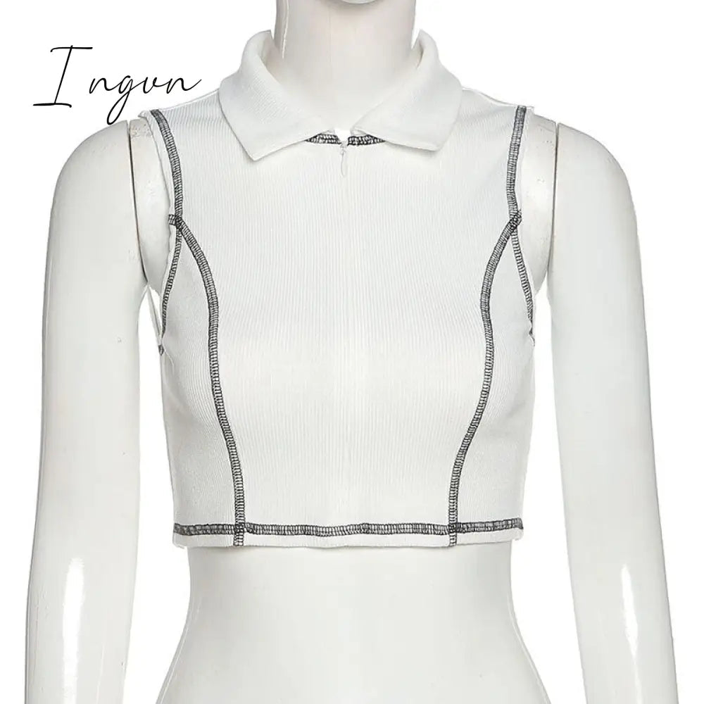 Ingvn - Turn-down Collar Casual Basic Tank Tops All-Match Slim Sleeveless Front Zipper Fly Patchwork Crop Top Trim Clothes Women Summer