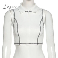 Ingvn - Turn-down Collar Casual Basic Tank Tops All-Match Slim Sleeveless Front Zipper Fly Patchwork Crop Top Trim Clothes Women Summer