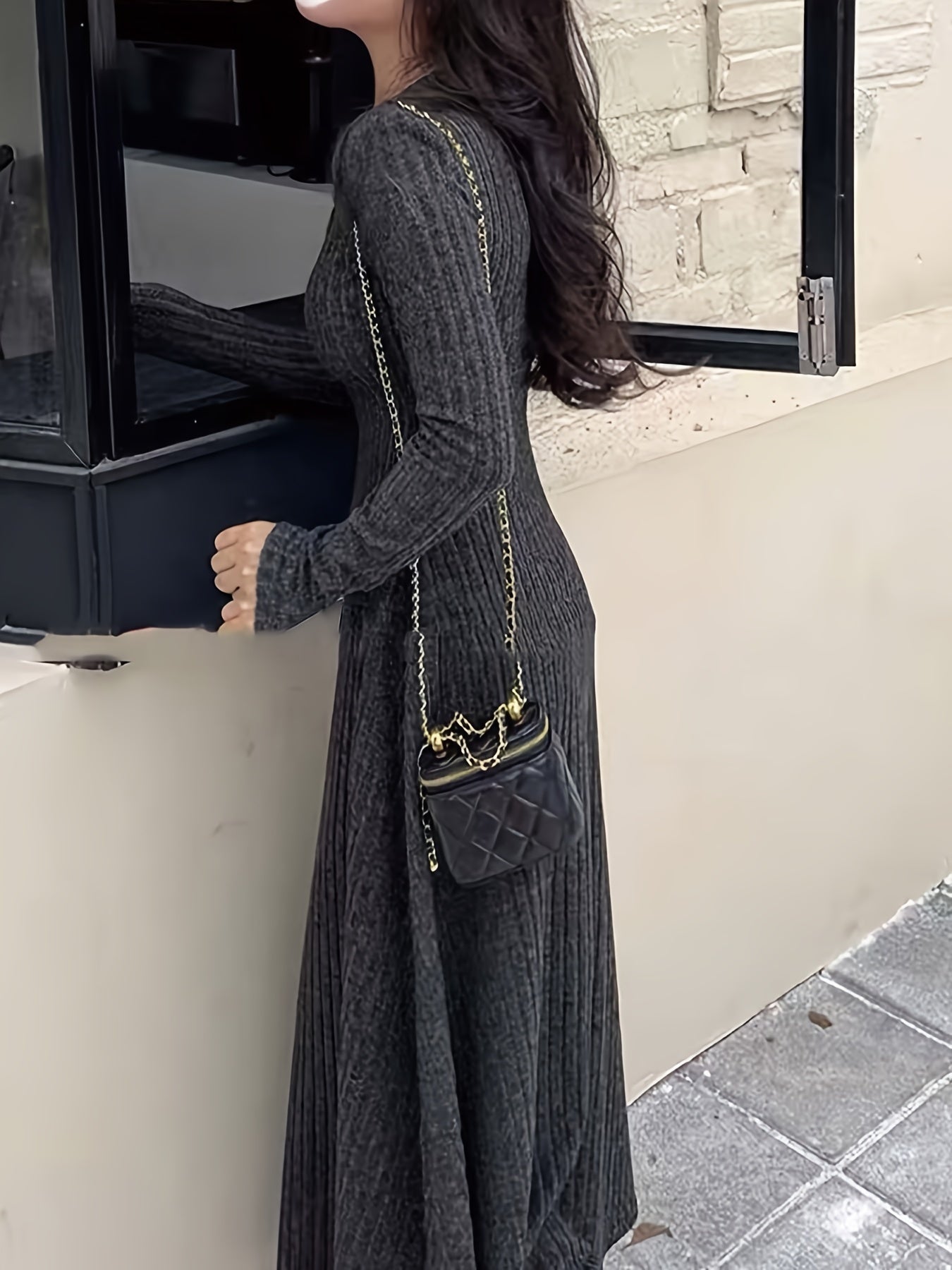 [Long Sleeve Fall Dress] Ribbed V Neck Dress, Casual Long Sleeve Dress For Fall & Winter, Women's Clothing