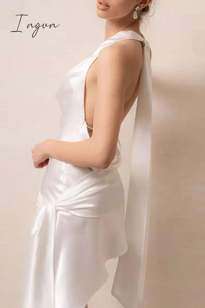 Ingvn - Celebrities Elegant Solid Appliques Backless Fold Halter Evening Dresses