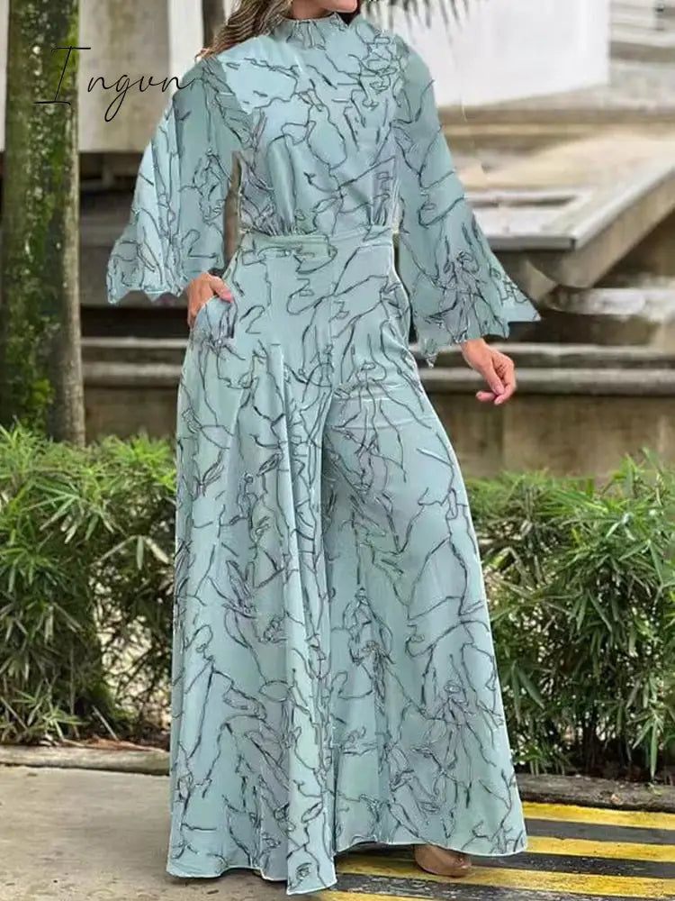 Ingvn - Summer European and American Women's Dress Elegant Waist Tie up Long Sleeve Hanging Neck Pants Print Jumpsuits