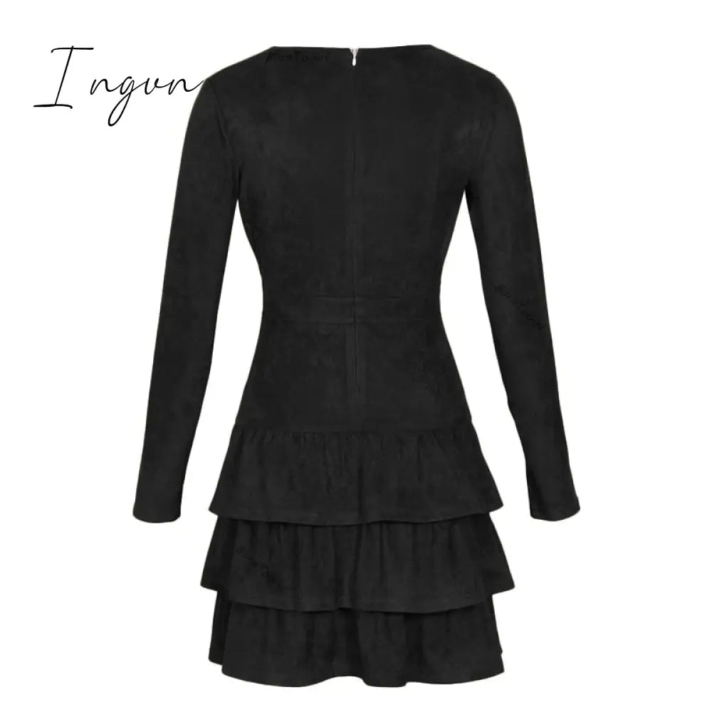 Ingvn - BornToGirl Woman Vintage Dress Spring Autumn Winter Women's Long Sleeve Black Brown Sky Blue Suede Dress robe femme