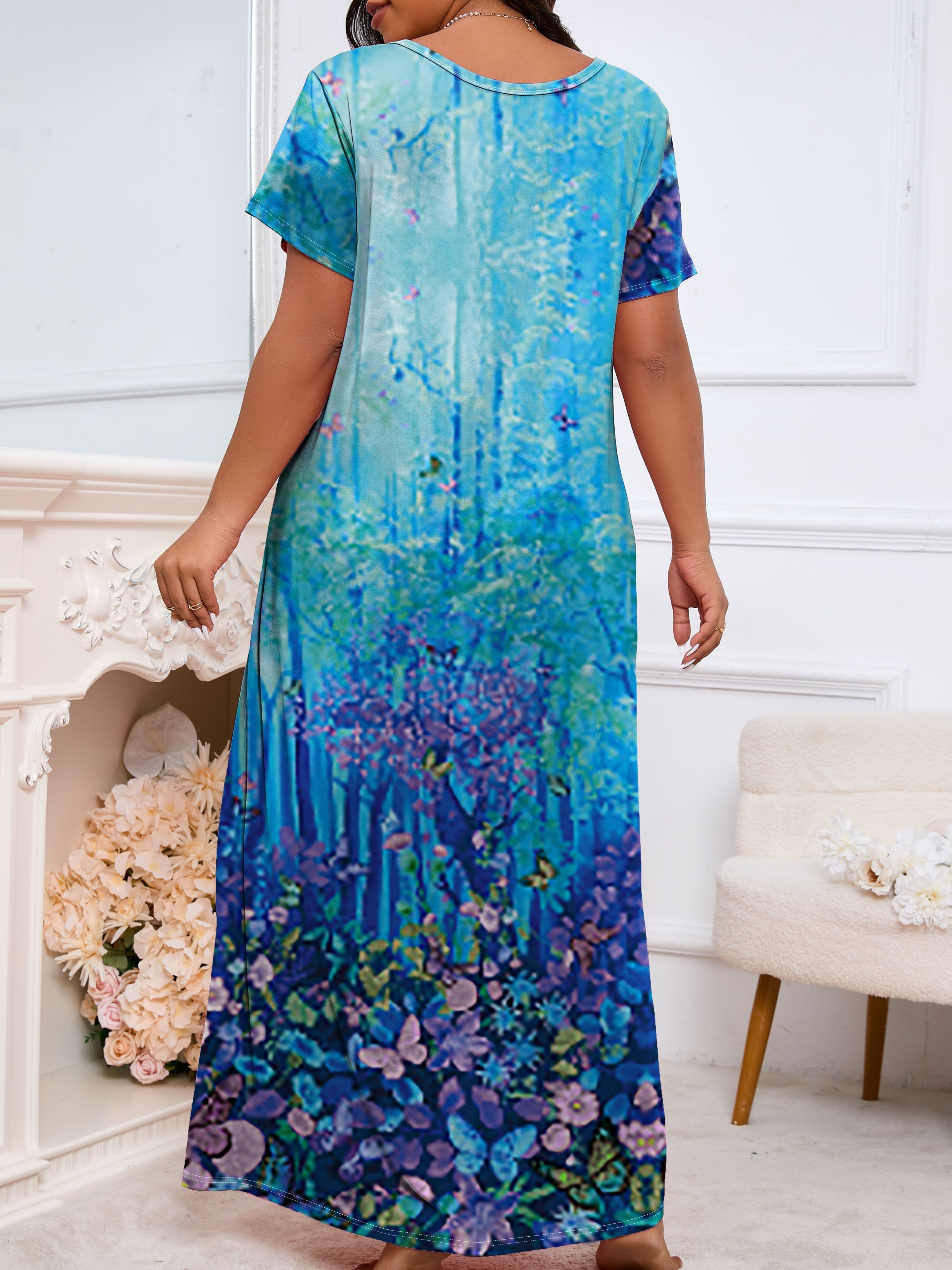 Plus Size Elegant Night Dress - Soft Slight Stretch Polyester V Neck Short Sleeve Split Design with Random Butterfly & Floral Print - Comfortable All-Season Knit Fabric Home Wear