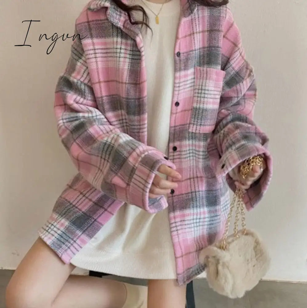 Ingvn - Blouse Women Woolen Plaid Coat Plaid Shirt for Women Thickened Long Sleeve Top Shirt Blusas Ropa De Mujer