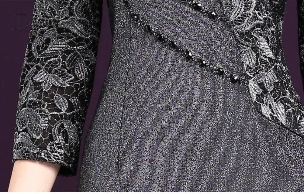 Ingvn - Women Sexy Dress autumn Elegant Women Winter 3/4 Sleeve Knee Length Vintage Ol Work Wear Bodycon Lace Crochet Dresses 4XL