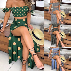 Ingvn - Polka Dot Print Maxi Skirt Suit Women Summer Print Cropped Top Sexy Side Split High Waist Skirt 2 Piece Sets Woman Beach Outfits