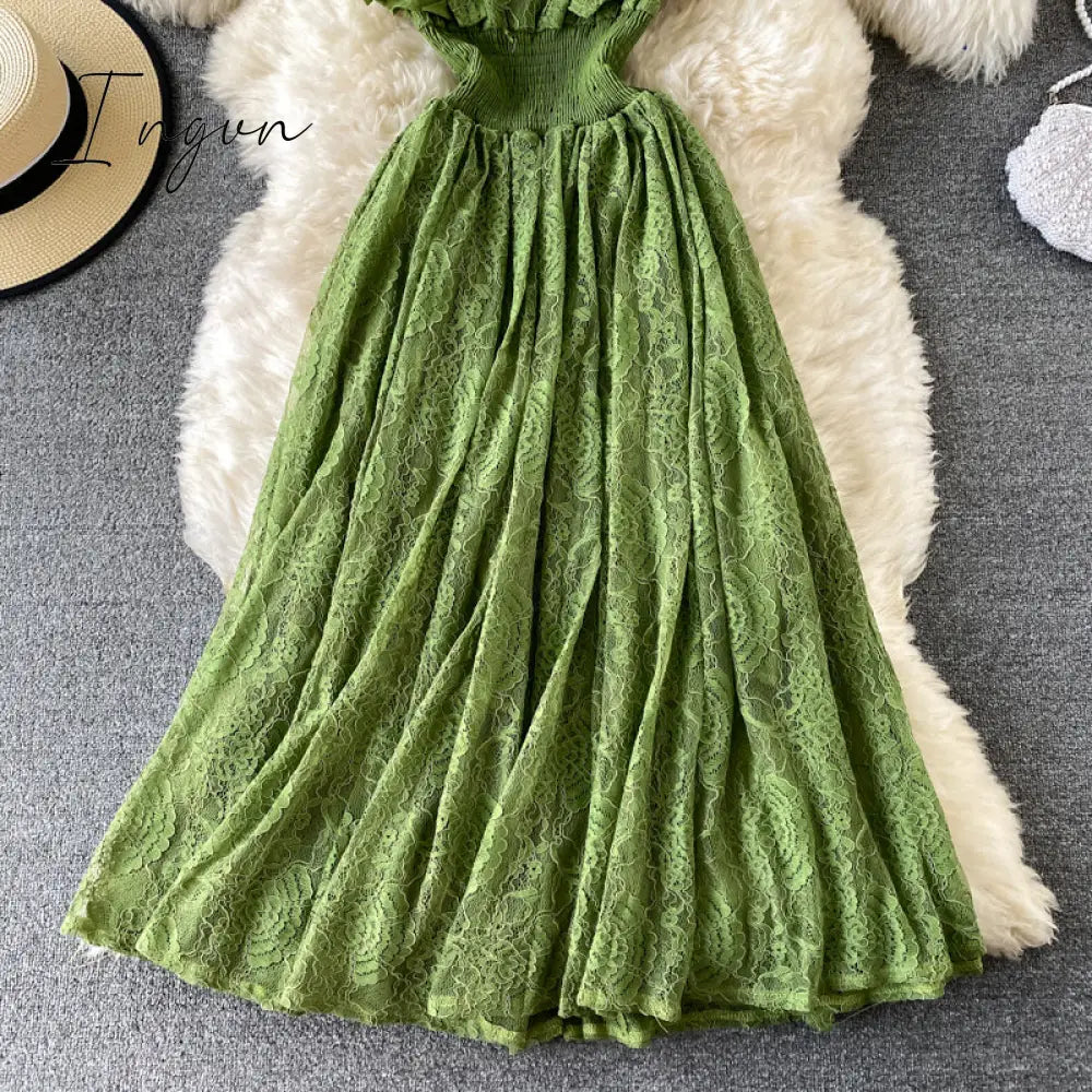Ingvn - Vintage Purple/Green/Red Lace Midi Dress Women Sweet Round Neck Ruffle Vestidos Female High Waist Slim Robe Spring Autumn