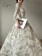 Ingvn - French Elegant Floral Midi Dress Woman Evening Party 2023 Summer Beach Fairy Long Sleeve Sundress One Piece Dress Korean Fashion