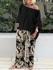 Ingvn - Pants Sets Fashion One Shoulder 3/4 Sleeve Tops Floral Print Wide Leg Trouser Women Two Piece Sets Casual Loose Suit