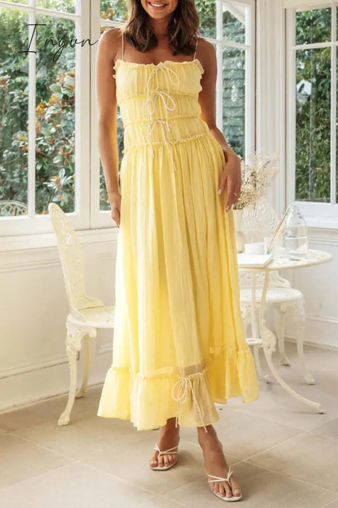 Ingvn- Sexy Vacation Solid Frenulum Backless U Neck Sling Dress Dresses