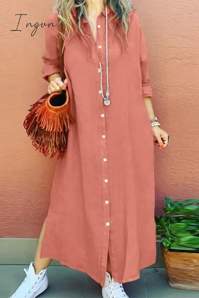 Ingvn - Casual Simplicity Solid Buckle Turndown Collar Shirt Dress Dresses