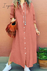 Ingvn - Casual Simplicity Solid Buckle Turndown Collar Shirt Dress Dresses