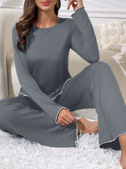 Long Sleeve Round Neck Womens Pajama Set - Soft Mid-Elasticity Polyester Knit Fabric, Comfortable Relaxed Fit, Machine Washable, Perfect for Fall and Winter Seasons