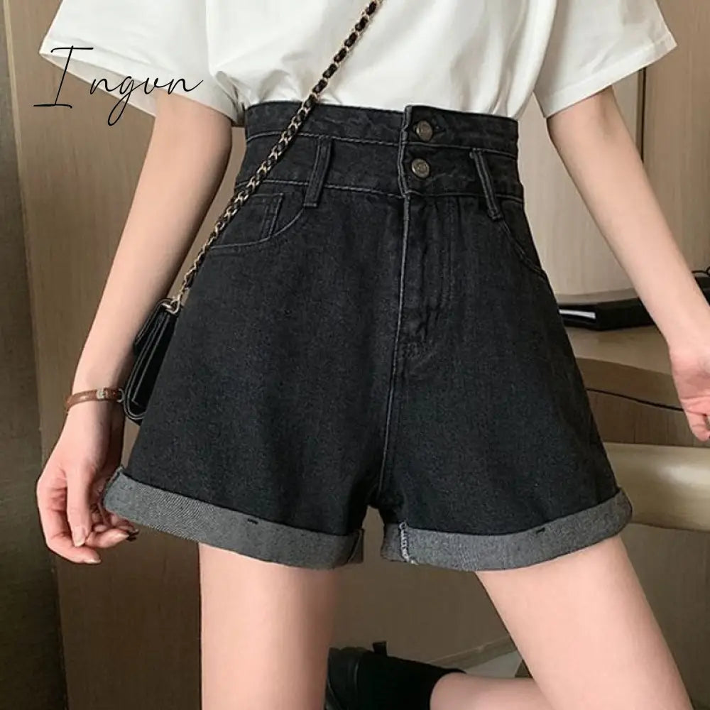 Ingvn - Black Denim Double-breasted Shorts Women Summer Hot Girls College All-match Solid Younger Ins Prevalent High Waist Casual Mujer