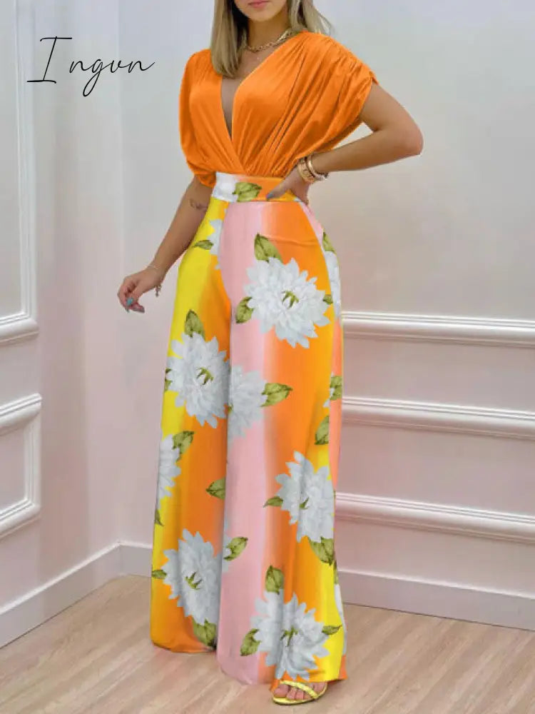 Ingvn - Summer Sexy Deep V Neck Pleated Shirt Outfit Women Fashion Solid Blouses + High Waist Print Straight Pant Set Office Commute Set