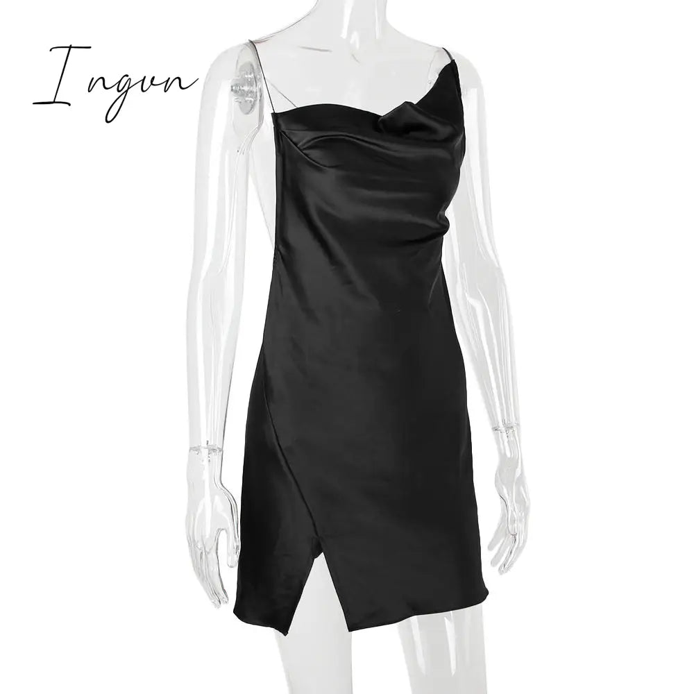 Ingvn - Satin Sexy Backless Slit Women Dress Green Spaghetti Strap Hollow Out Dresses Women Summer Skinny Fashion Party Clubwear