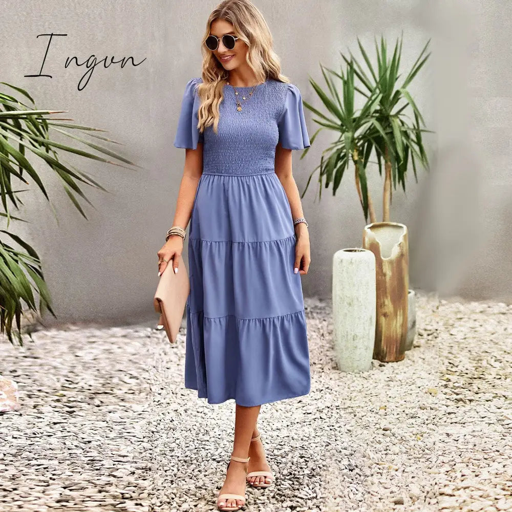 Ingvn - 2023 Spring Casual O Neck Lantern Sleeve Dress Women Loose Elegant Solid A-line Dress Lady Simple High Waist Klein Blue Dress