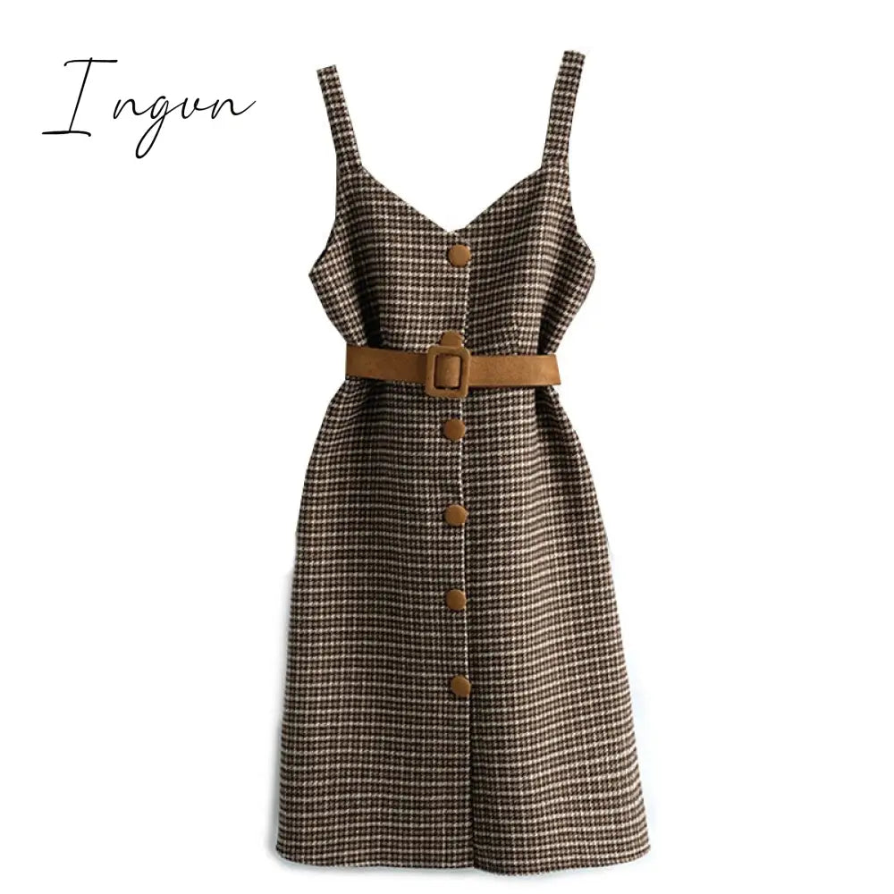 Ingvn - Commuter style sweater dress sweater suit women autumn and winter new retro woolen plaid strap jumpsuit