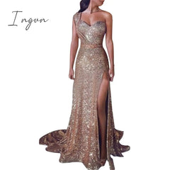 Ingvn - Big 5XL Fashion Women Dress Sequin Prom Party Fork Opening Ladies Dresses Ball Gown Sexy Gold Evening V-Neck Long Women Dress