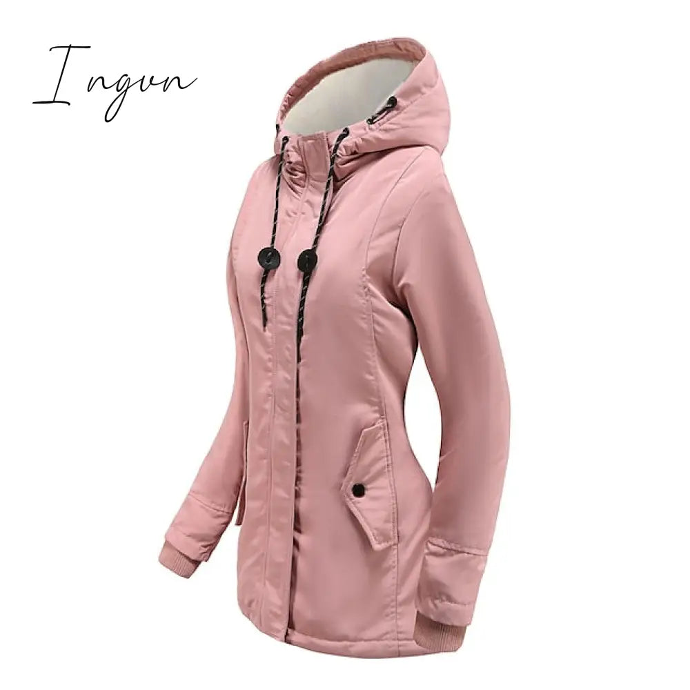 Ingvn - Women's Parka Street Fall Winter Long Coat Windproof Warm 3 in 1 Loose Casual Sports Jacket Long Sleeve Solid Color Zipper Purple Blushing Pink  Waterpoof  Daily Wear Down  Parkas  Lined