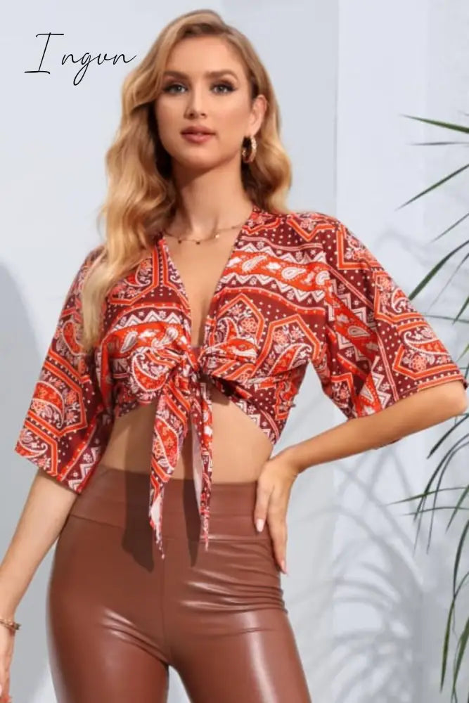 Ingvn - Printed Tie Front Cropped Dolman Sleeve Blouse