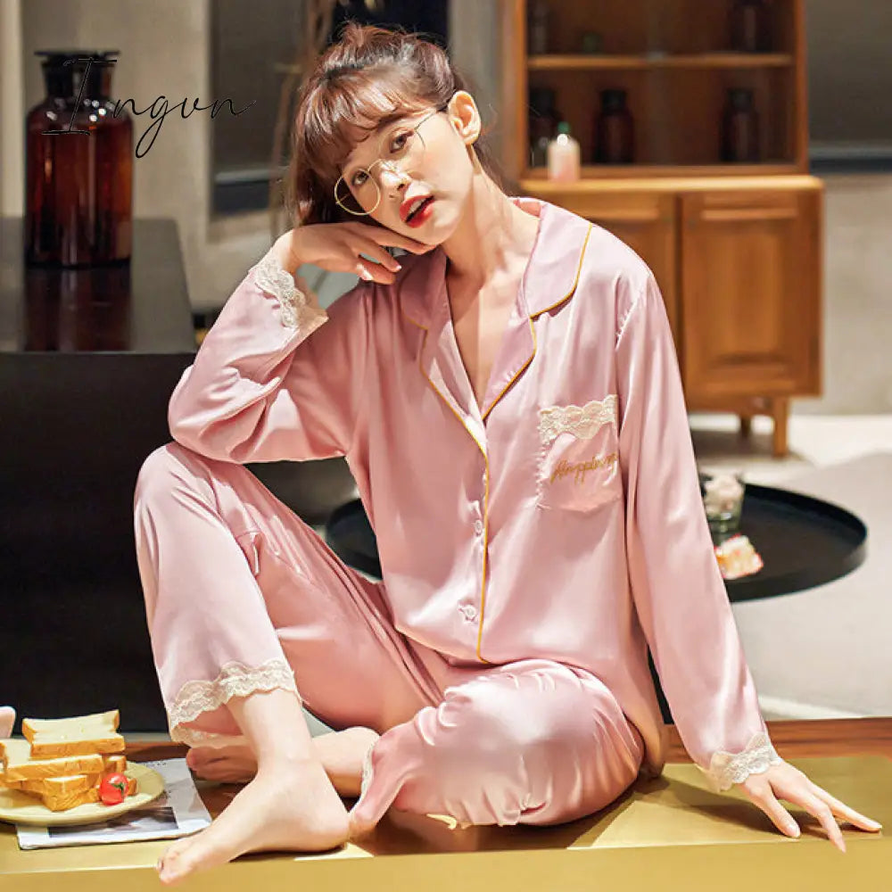 Ingvn - New Pajamas For Women Long Sleeve Pajamas Suit Female Simple Style 2 Pieces Pajamas Silk Women's Home Clothes Set Pantsuits