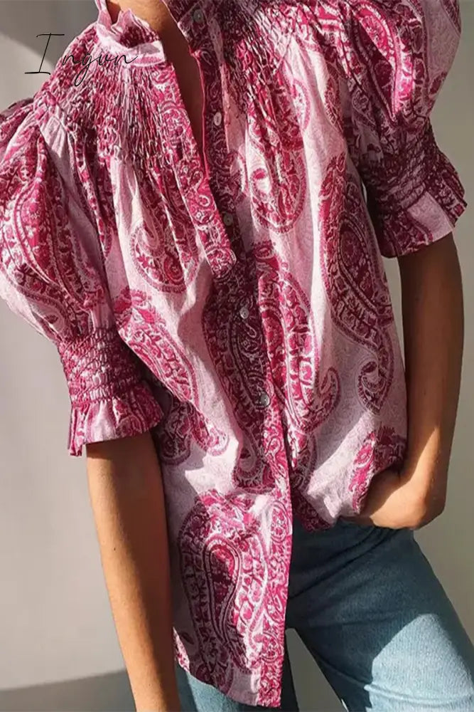 Ingvn - Casual National Totem Print Fold Square Collar Blouses