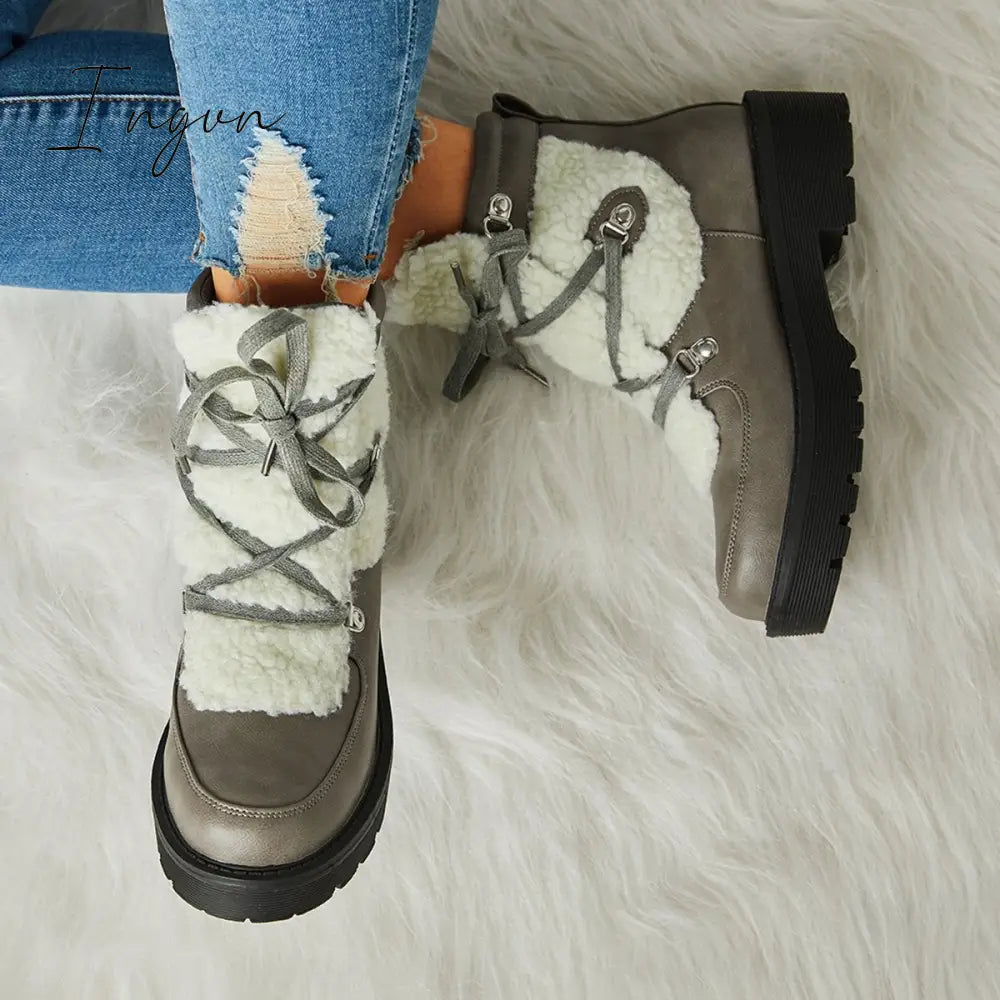 Ingvn - Women's Faux Shearling Stiching Lace Up Snow Boots